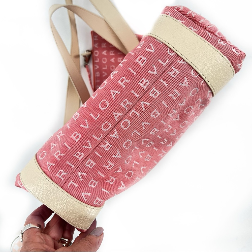 Bvlgari Agatha Jacquard Fabric/Leather Shopping Tote Medium Salmon/Cream w/Pouch - Picture 14 of 17
